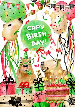 Capybaras with air balloons,gift boxes birthday cake with candles
vertical poster A3,Capy Birthday party printable image,Watercolor funny birthday theme background