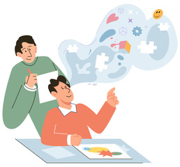 Game therapy vector illustration. Playing games allows for practical application and continuous practice acquired skills Psychology and psychotherapy contribute to understanding psychological impact