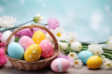 Fototapeta na wymiar Colorful easter eggs in basket with multi colors Happy Easter background, Background with copy space.