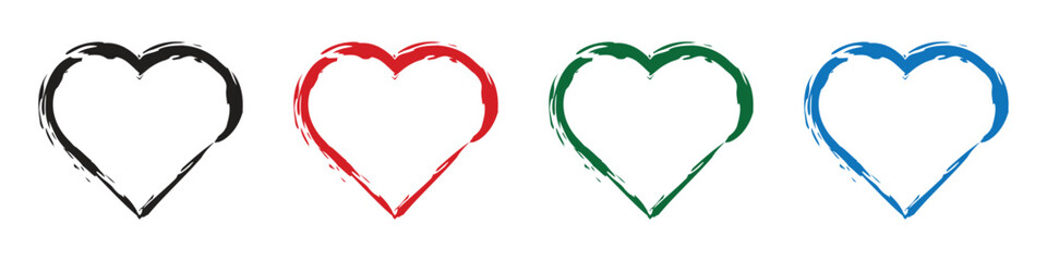 heart shape icons set . Black Red Green Blue love symbol on transparent background. paint brush drawn shape vector illustration. - obrazy, fototapety, plakaty