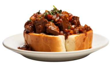 Dive into the Heat of Durban's Lamb Bunny Chow on White or PNG Transparent Background