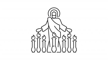 Book of revelation line animation. Jesus Christ and seven lampstands animated icon. New testament. Black illustration on white background. HD video with alpha channel. Motion graphic
