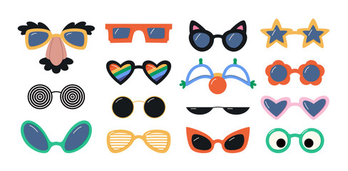 Party sunglasses collection. Various colorful cute glasses set in flat style. Festive funny accessories