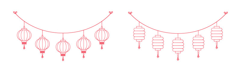 Chinese Lantern Hanging Garland Outline Doodle Set, Chinese New Year, Lunar New Year and Mid-Autumn Festival Decoration Graphic