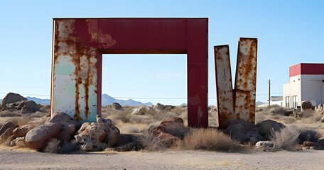 Fototapeta premium A whimsical but outdated artistic modern sign at the entrance to the desert art community.