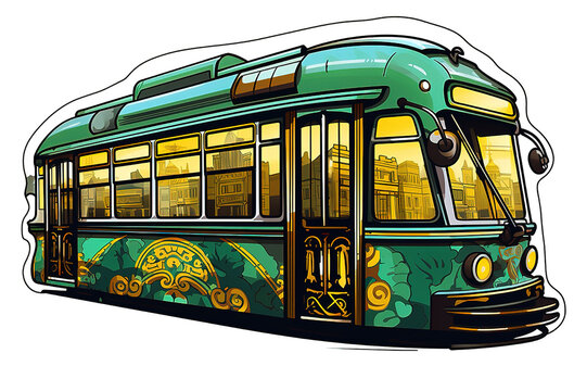 Vintage Green Tram Isolated. 3D rendering isolated on PNG Background. Generative Ai.