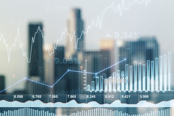 Abstract virtual financial graph hologram on blurry skyscrapers background, financial and trading...