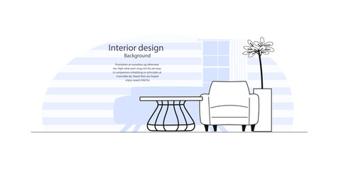 Editable modern interior of living room in flat minimal line style. Background for landing page. Vector illustration