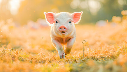 Happy baby pig running, March, concept Animals, generative ai