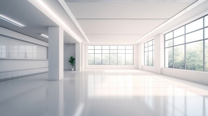 Fototapeta premium Illustration of glossy spacious well lit white interior with light reflections and copy space. Indoor background.