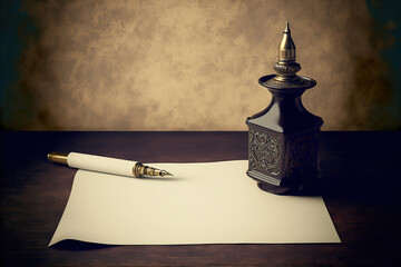 Vintage background with parchment, inkwell and fountain pen. Calligraphy tools. Copy space.