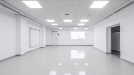 Illustration of glossy spacious well lit white interior with light reflections and copy space. Indoor background.