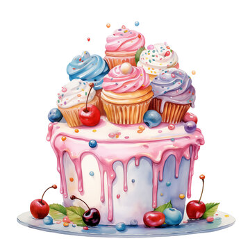 Watercolor childish cake with cupcakes and cherries isolated on white background.