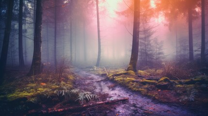 Obraz premium Mysterious foggy forest. Magical atmosphere background.