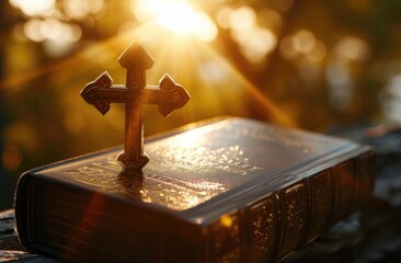 Bible with cross and sun at the sky