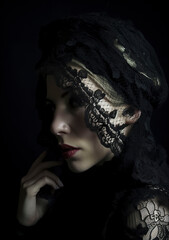 a mysterious blonde woman in intricate lace attire, set against a dark background, ai generative