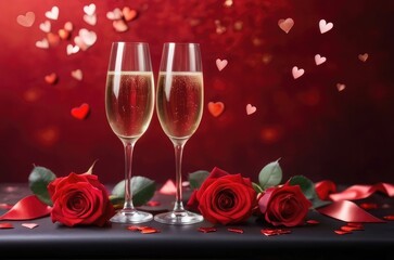tea light on glass table Two glasses of champagne on blurred background with golden bokeh background with flowers confetti red roses etc.