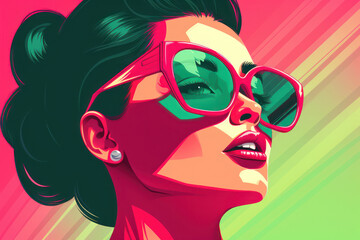Stylish Woman's Portrait with Retro Sunglasses: A Pretty Lady with Trendy Hairstyle and Makeup in a Colorful Illustration