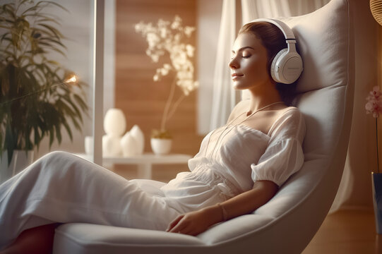 a relaxed woman in white, enjoying music on a chair, in a warmly lit, elegant setting, ai generative