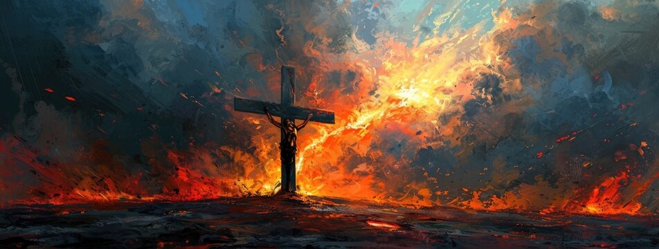 A cross being destroyed by light and fire
