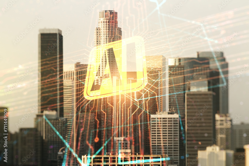 Aufkleber double exposure of creative artificial intelligence icon on los angeles city skyscrapers background.