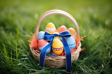 colorful eggs in a grass basket with a blue ribbon
