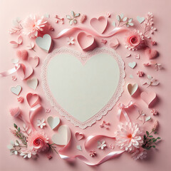 Photo top view with flowers and hearts on a pink background, Al Generation - obrazy, fototapety, plakaty