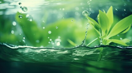 Naklejka na ściany i meble Water splash. Close-up of fresh green grass with drops.