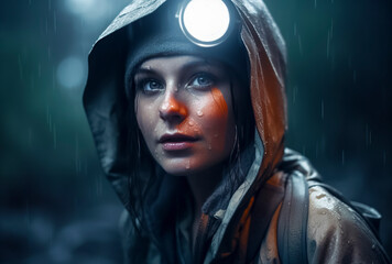 Fototapeta premium young woman in a hooded jacket stands in the rain, illuminated by a bright light in a dramatic setting, ai generative