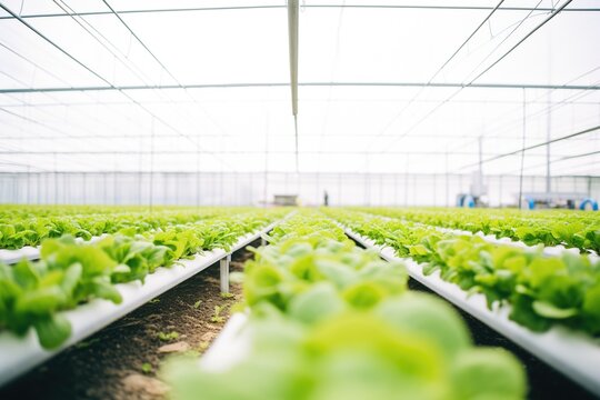 rows of lettuce growing in an aquaponic greenhouse