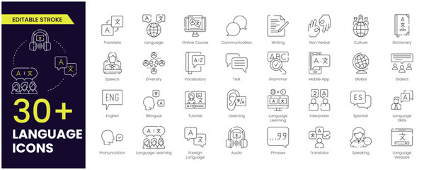 Fototapeta na wymiar Language stroke icon set. Containing communication, translate, speech, non-verbal, writing, speaking, dictionary, text, language skills and vocabulary icons. Editable stroke icon collection.