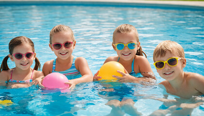 children pose in swimming pool