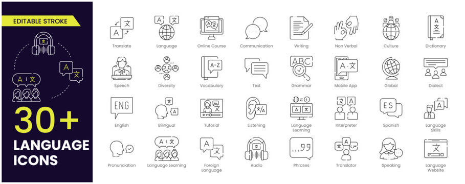 Language stroke icon set. Containing communication, translate, speech, non-verbal, writing, speaking, dictionary, text, language skills and vocabulary icons. Editable stroke icon collection.