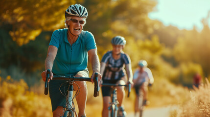 Elderly gentleman wearing a helmet and sunglasses, leading a leisurely bike ride on a scenic autumn trail.