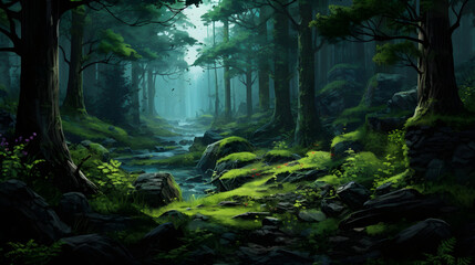 background illustration in the middle of a forest with a stream at sunrise