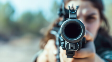 gros plan sur le canon d'un fusil d'assaut tenu par une jeune femme - obrazy, fototapety, plakaty