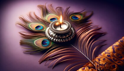 Oil lamp and peacock feathers on purple for thaipusam in watercolor style.