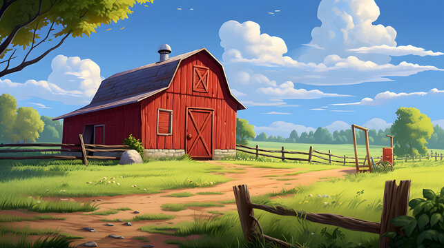 background illustration of sunny day in red barn with blue sky