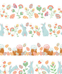 Hand drawn flat easter seamless border set collection with rabbits and easter eggs