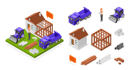 Construction illustration and icons in isometric view