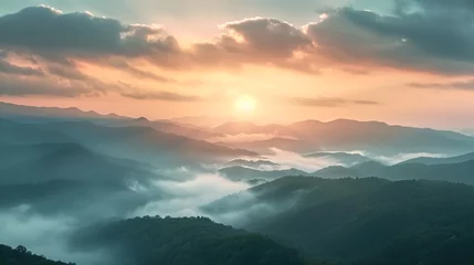 Poster Mountain sunrise, with the soft light of dawn painting the landscape in gentle pastels, as morning mist weaves through the valleys, good morning, inspirational, breath of fresh air © Shisanupong