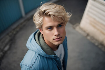 Blonde Haired Man in Blue Jacket Standing Outdoors. Generative AI.