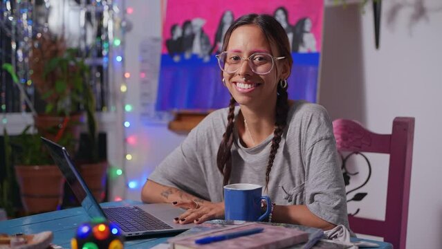 Young student queer girl smiles