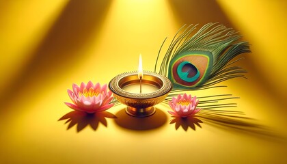 Thaipusam background with oil lamp,peacock feathers and pink lotus flowers on yellow.