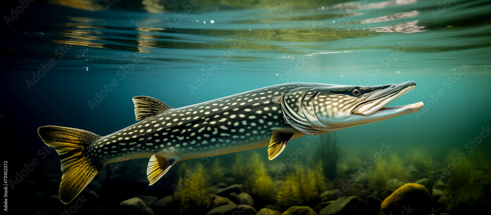 Wall mural northern pike (Esox lucius) swimming in a river - Wall murals