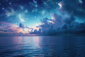Fototapeta na wymiar Ramadan Kareem background with crescent and stars above sea.