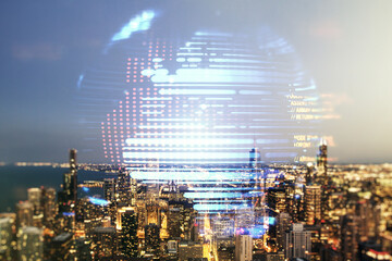 Multi exposure of abstract creative coding sketch and world map on Chicago city skyline background, artificial intelligence and neural networks concept