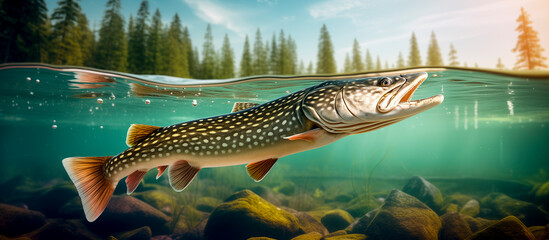northern pike (Esox lucius) swimming in a river - obrazy, fototapety, plakaty