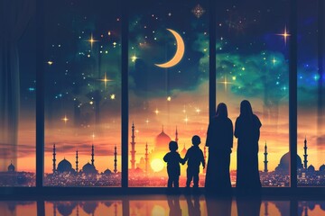 Muslim family celebrates end of Ramadan with prayer and city view.