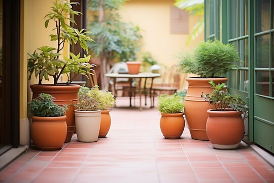 terracotta pots with lush green plants in a courtyard